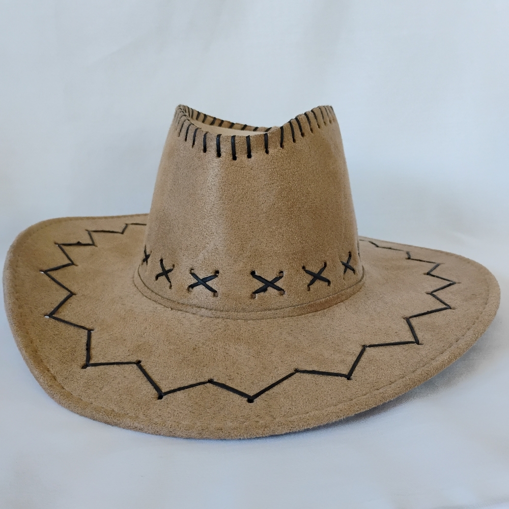 Kids Light Brown Soft Micro Suede Cowboy Hat With Chin Strap & Accent Stitching